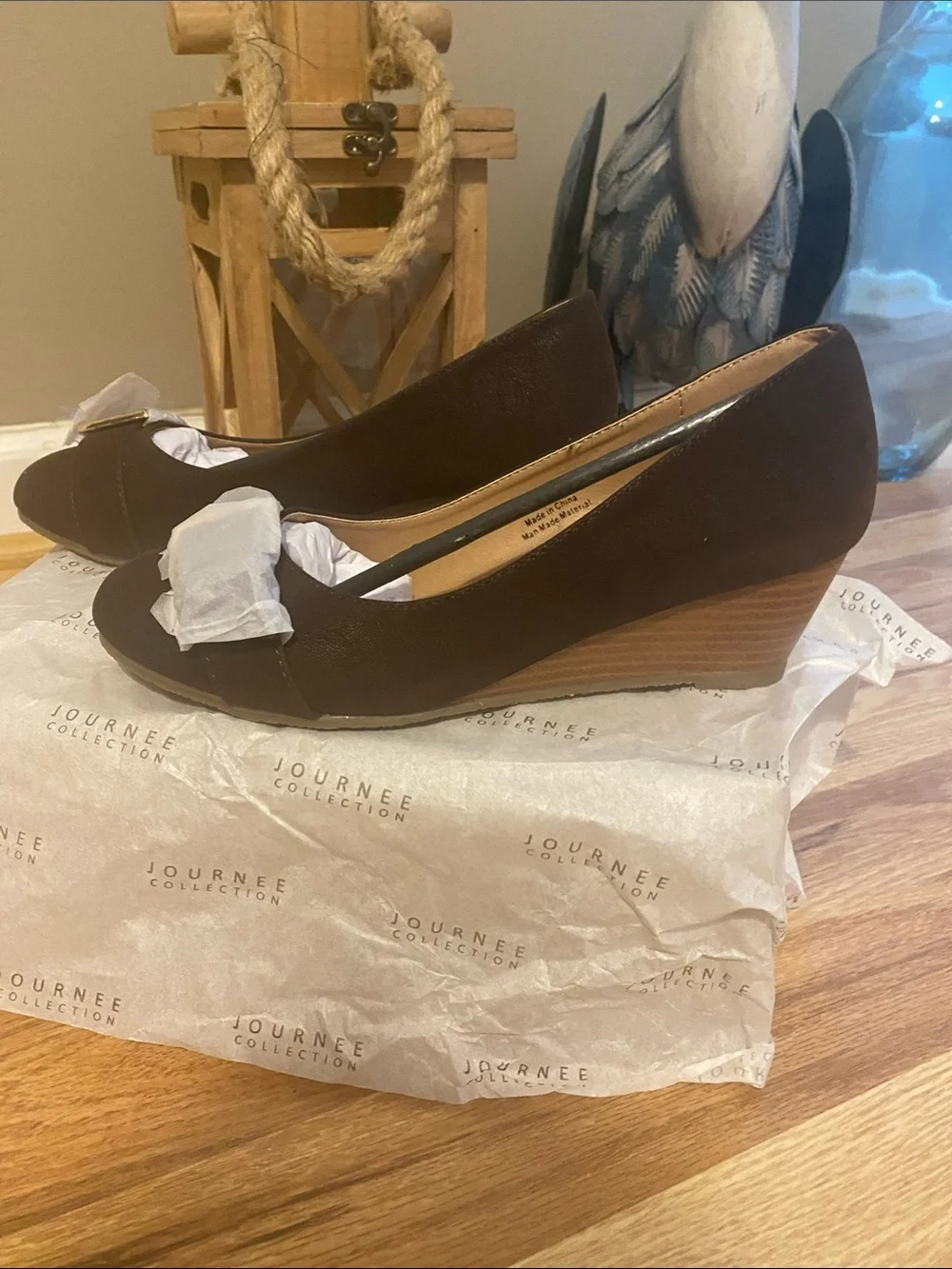 Journee Collection Brown Faux-Leather Wedge Pumps with Bow and Gold Accent